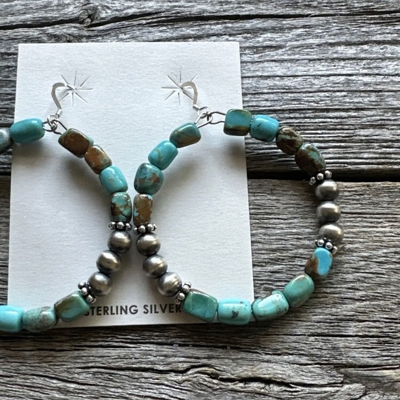 Sterling Silver Blue Green Turquoise Oxidized Pearls Bead Hoop Earrings 2.6 Inch - Picture 10 of 12